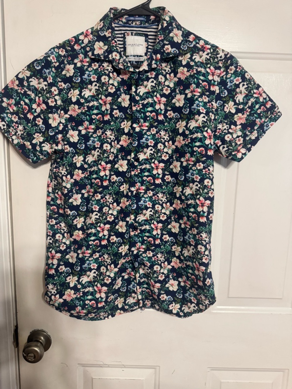Denim & Flower Navy Floral Button-Up Shirt with Pink and Cream Accents